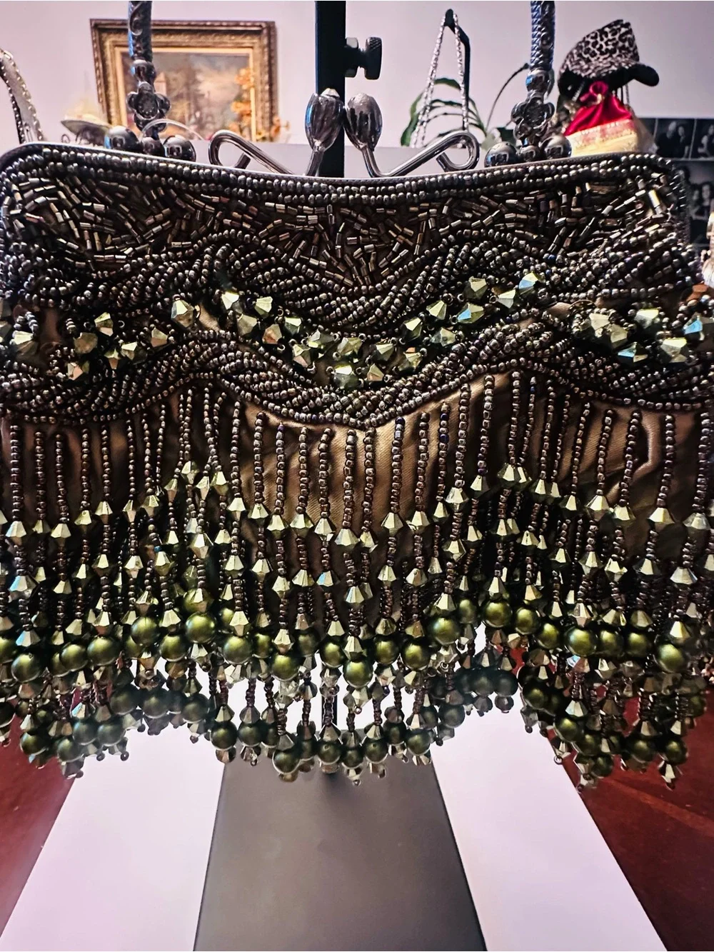 Olive Green Satin Beaded Mary Frances Inspired design Clutch/Purse with chain NW